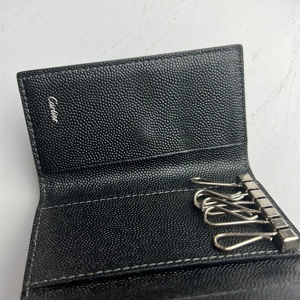 Auth. Cartier Santos Leather 4 Ring Key Case Black Logo Unisex Vintage